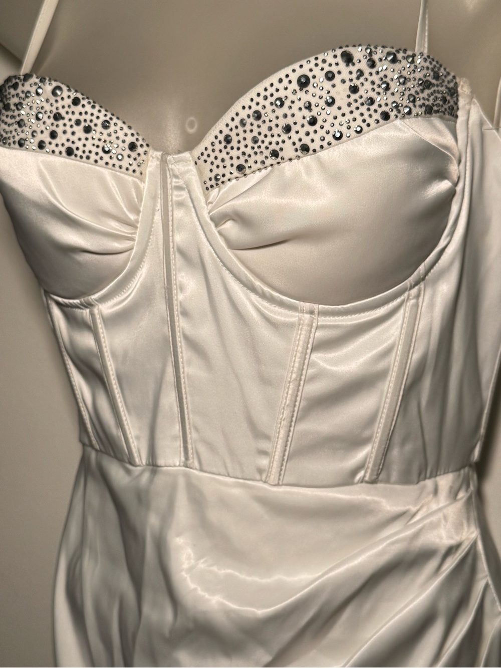 Fashion NovaStrapless White Satin Dress with Rhinestone Detail